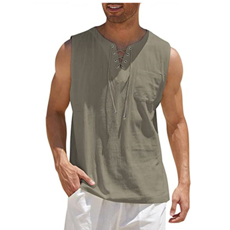 New Men's Sleeveless Shirt Lace-Up Cotton And Linen Short Sleeve T-Shirt